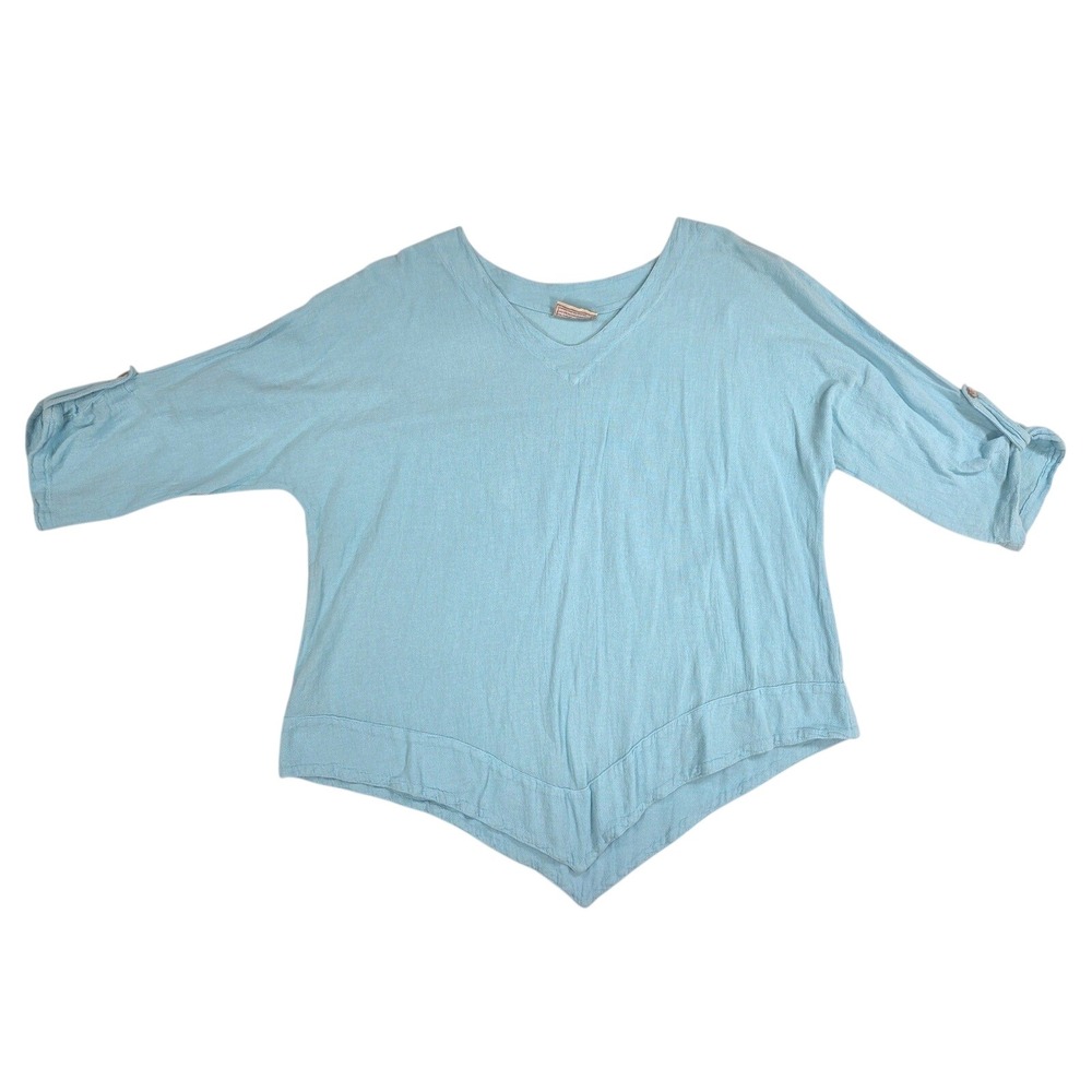 CottonWays Aqua Blue Sz 2 L XL 3/4 Rolled Sleeve V-neck Pointed V-hem Blouse